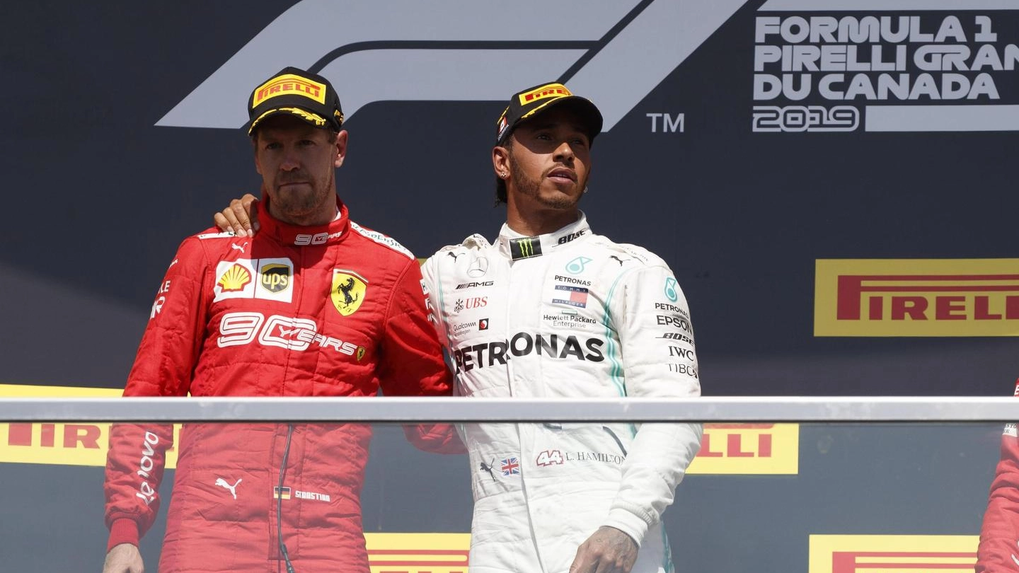 Sebastian Vettel e Lewis Hamilton sul podio in Canada (Ansa)