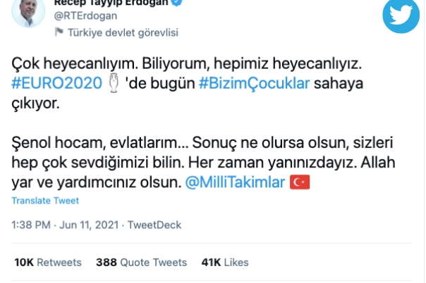Il tweet di Erdogan