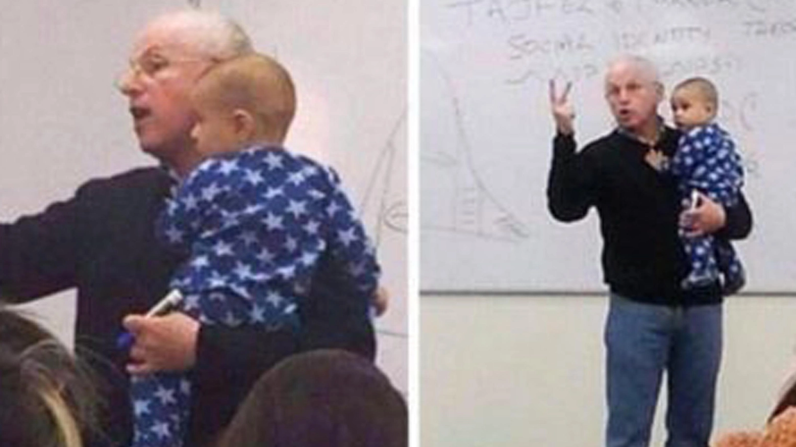 Il professor Sydney Engelberg tiene in braccio il figlio di una studentessa