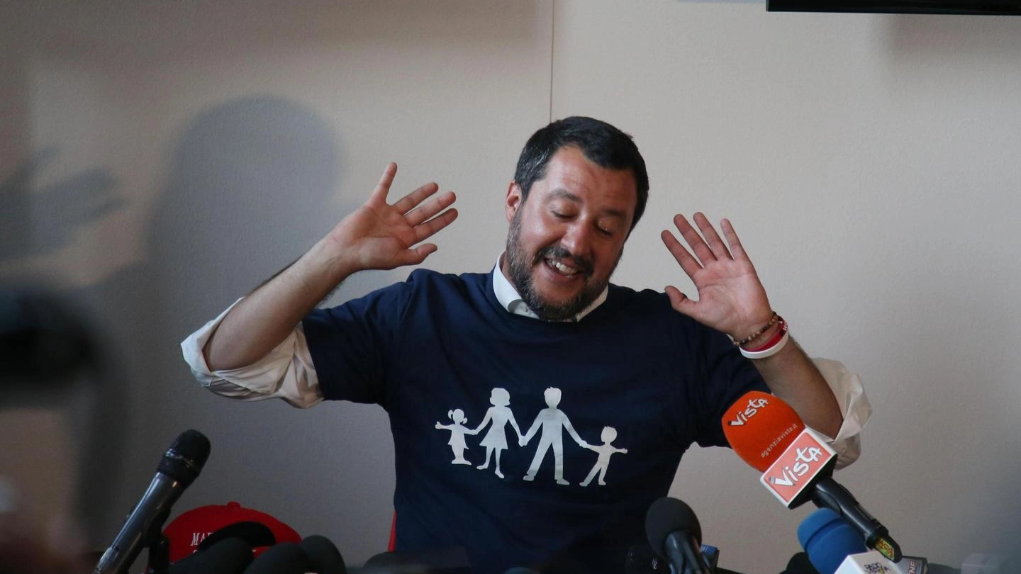 Matteo Salvini con la maglietta dei pro-Vita (Ansa)