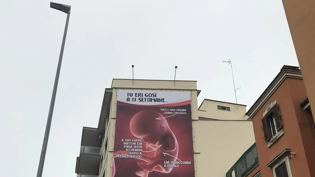 Il manifesto anti aborto affisso a Roma (Ansa)