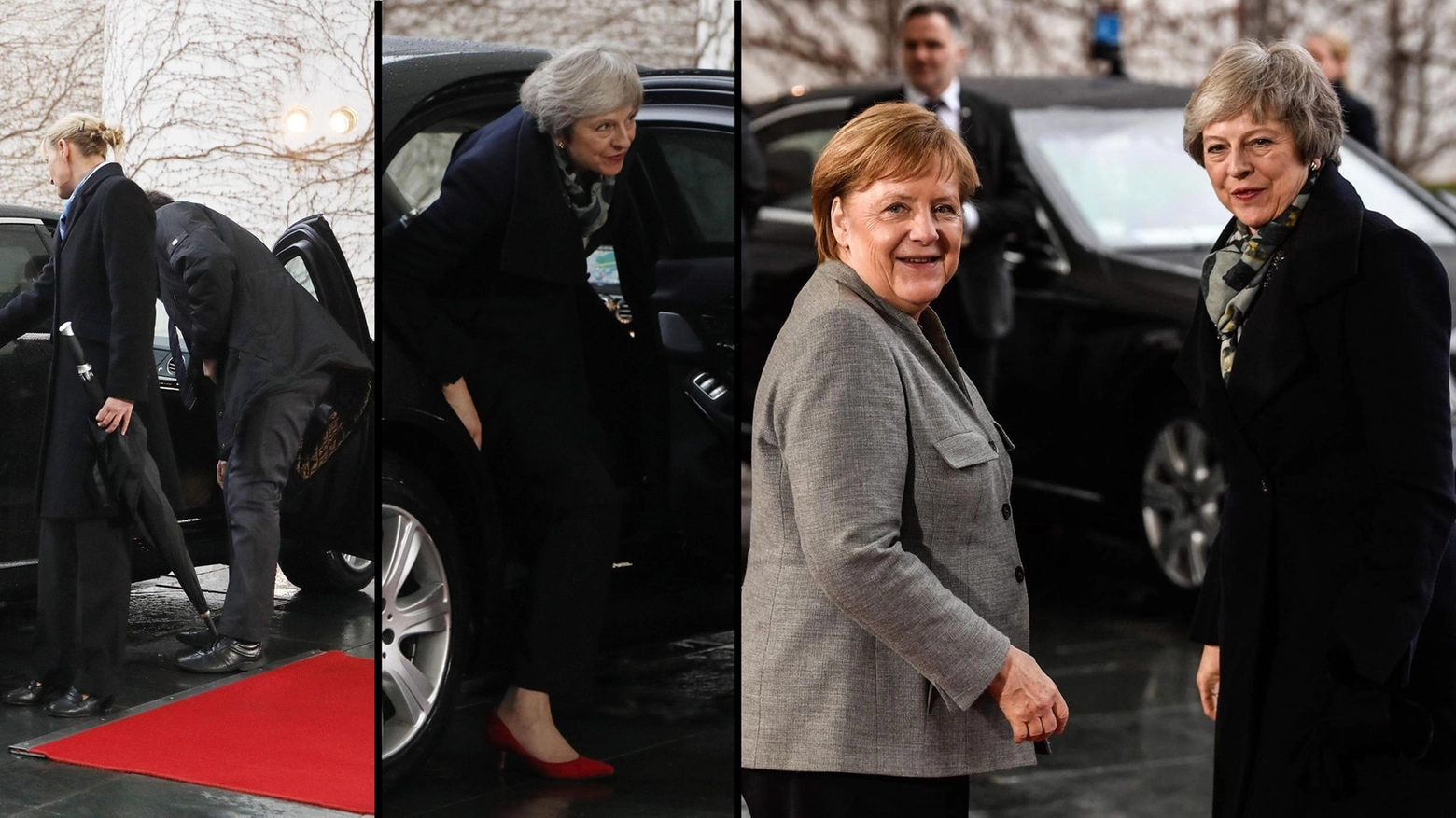 La difficile uscita dall'auto di Teresa May che incontra Angela Merkel