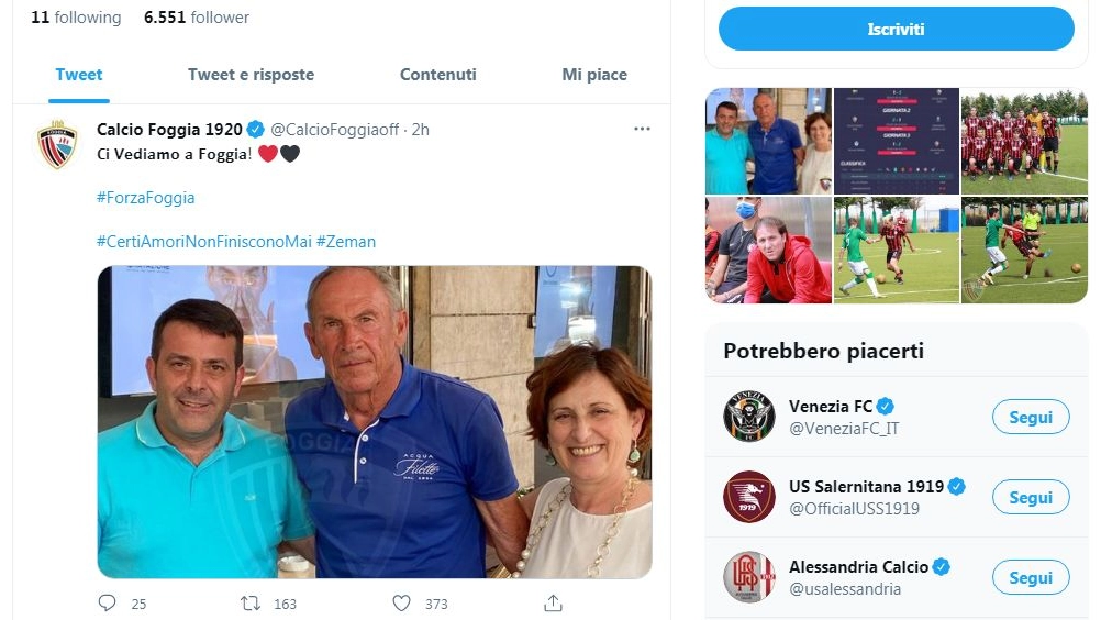 Foggia, la foto su Twitter con Zeman
