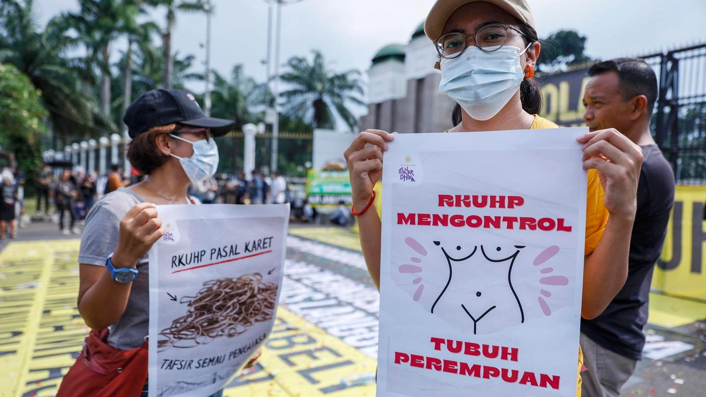 La protesta di una donna contro il nuovo codice penale approvato in Indonesia (Ansa)