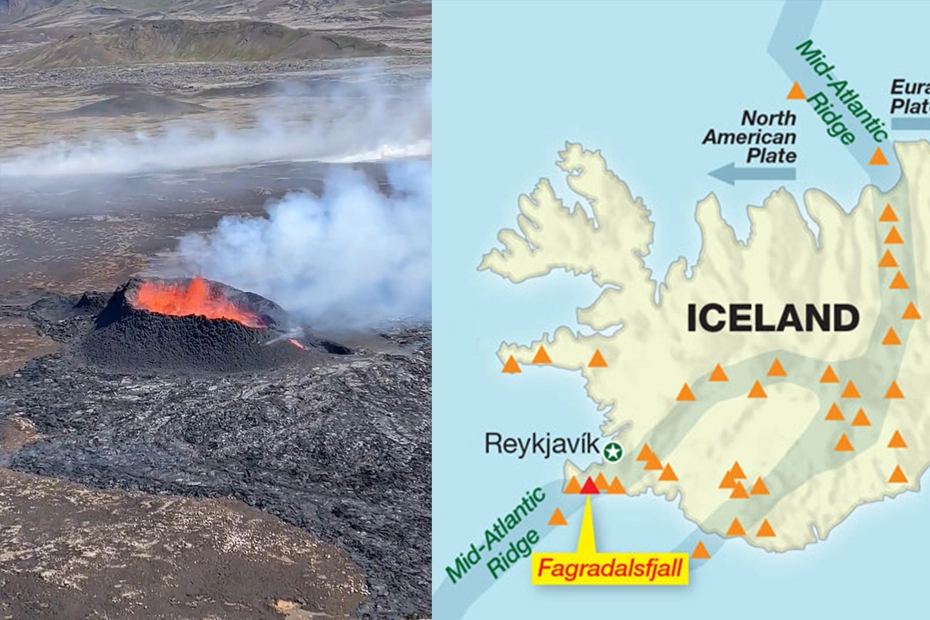 Il vulcano Fagradalsfjall. Nella mappa, in arancione tutti i vulcani attivi presenti in Islanda