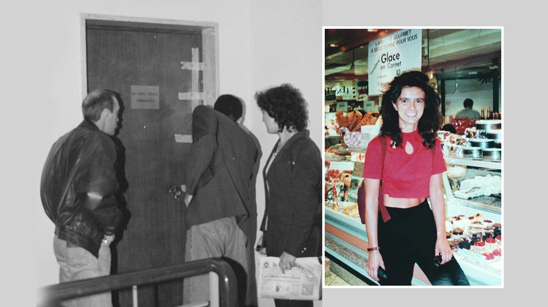 Inquirenti fuori dallo studio del commercialista Saracco nel 1996 e, a destra, Nada Cella