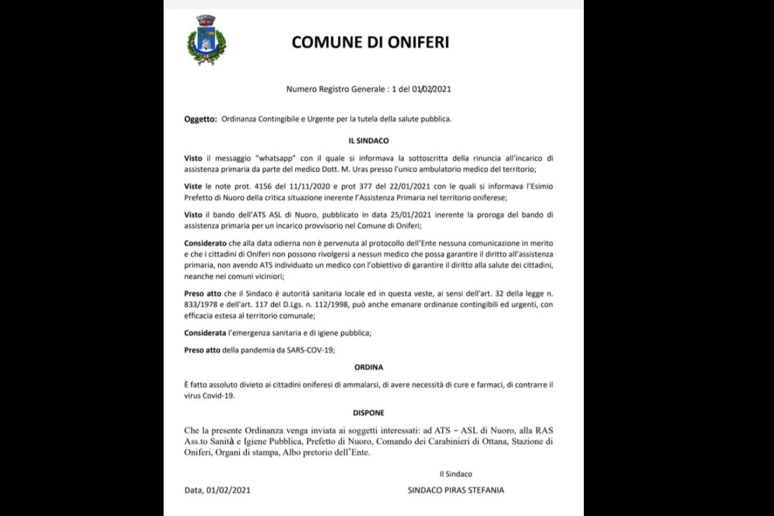 L'ordinanza della sindaca di Oniferi: "Vietato ammalarsi di Covid"