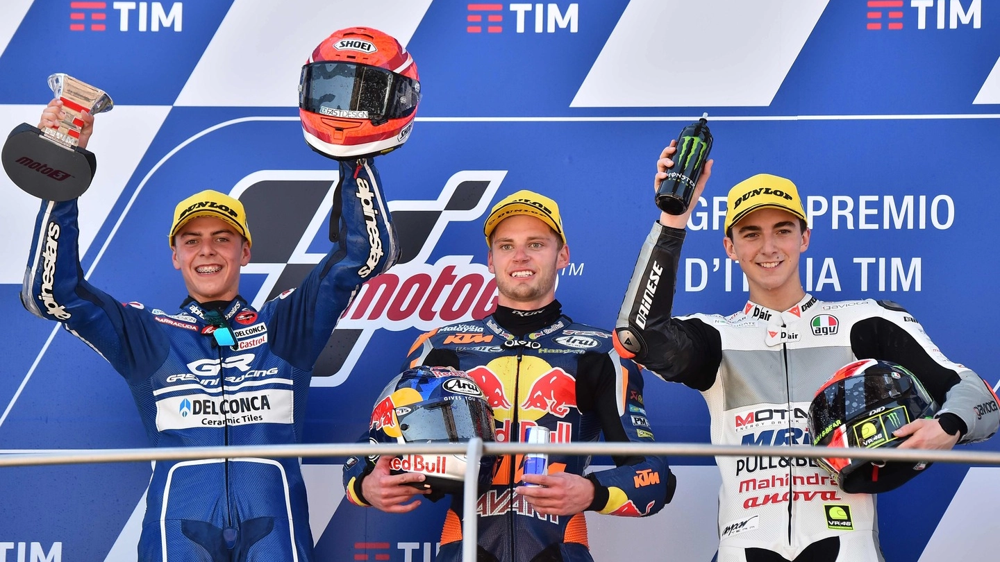 Podio Moto3, Fabio Di Giannantonio,  Brad Binder e  Francesco Bagnaia (AFP)