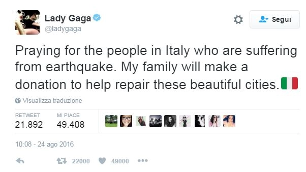 Il tweet di Lady Gaga per le vittime del terremoto