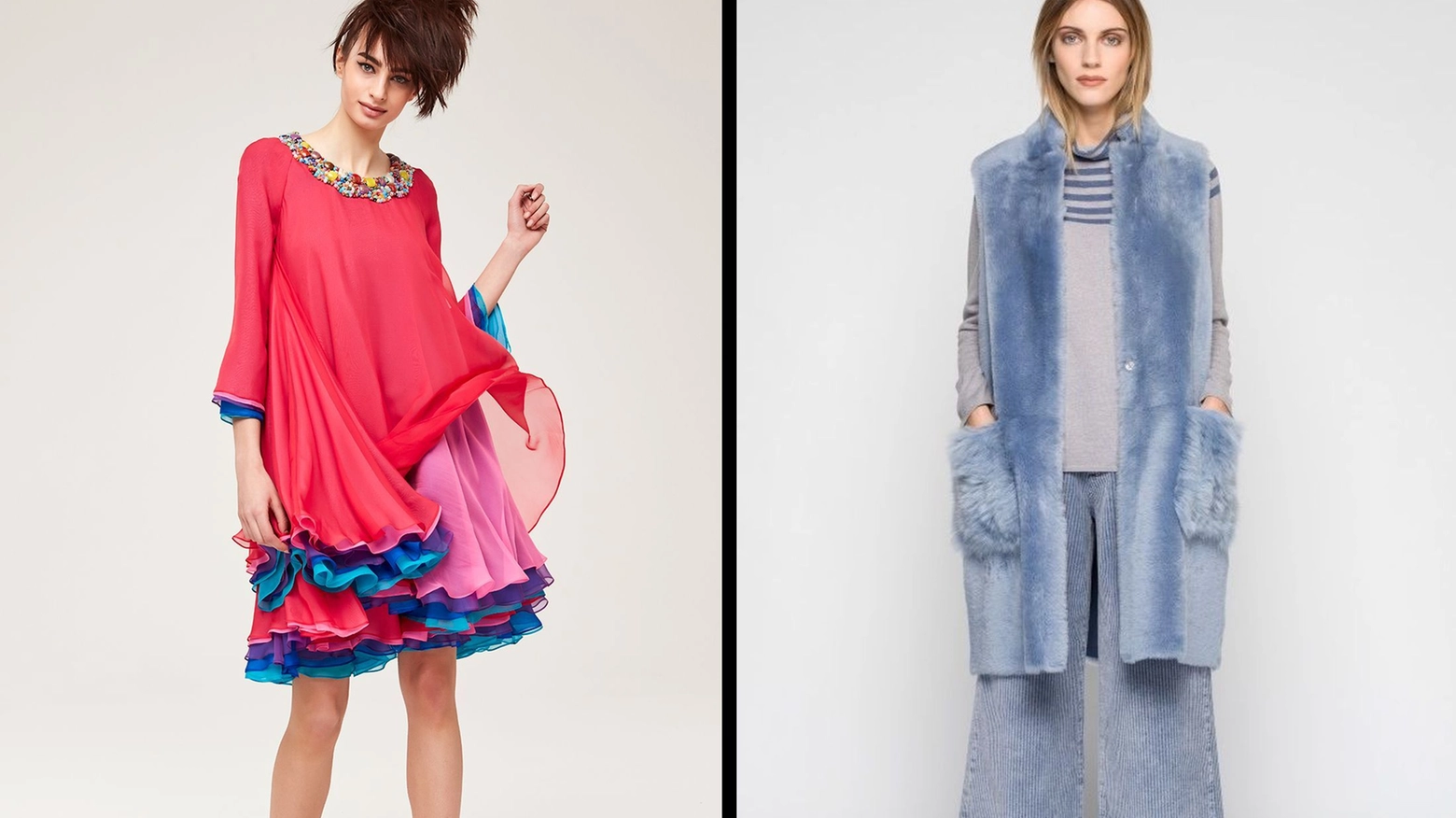 A sinistra la collezione primavera estate di Curiel Couture; a destra Biancalancia