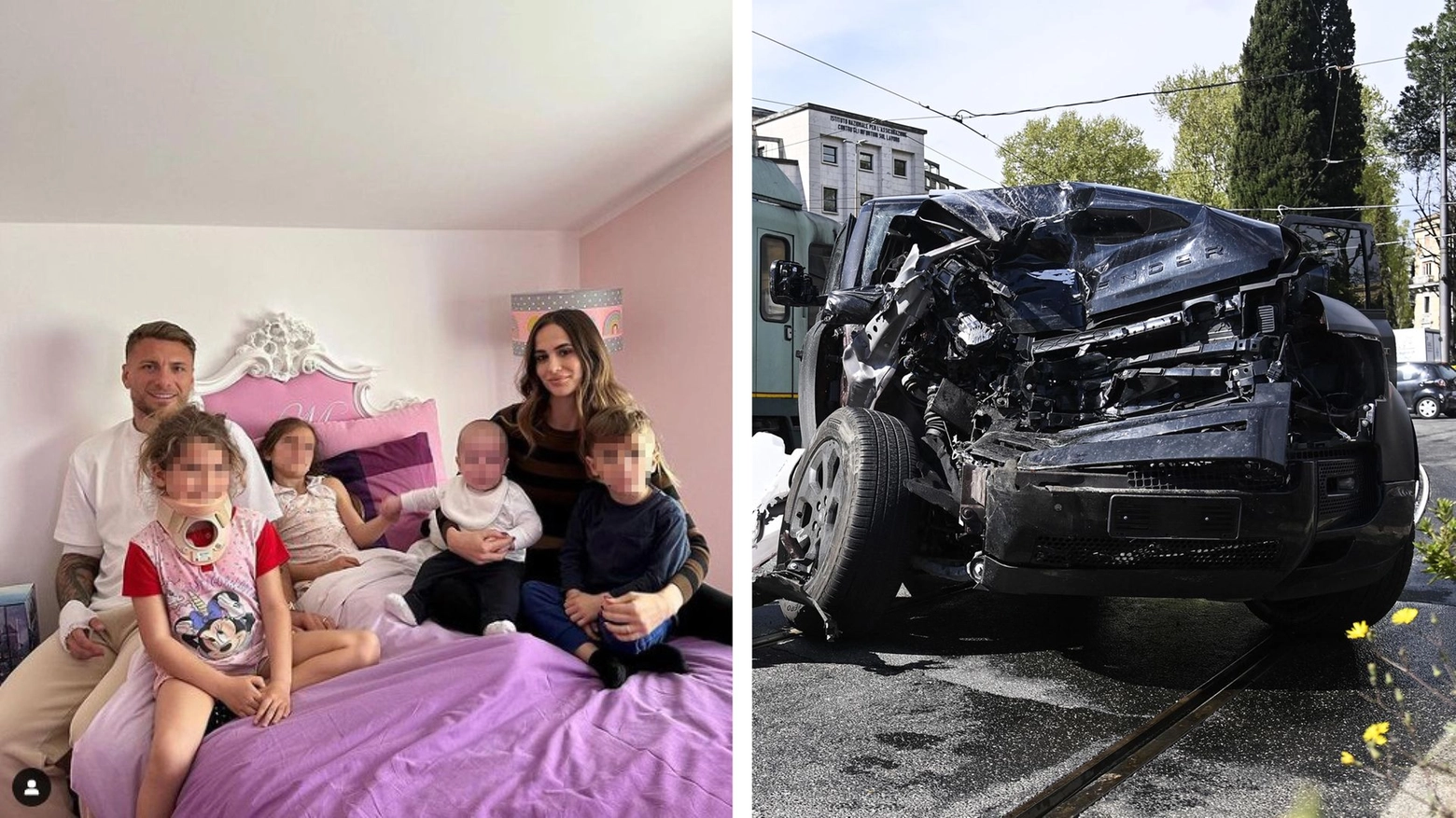 La foto postata dalla famiglia Immobile sui social dopo l'incidente e l'auto del capitano della Lazio, distrutta nell'impatto col tram