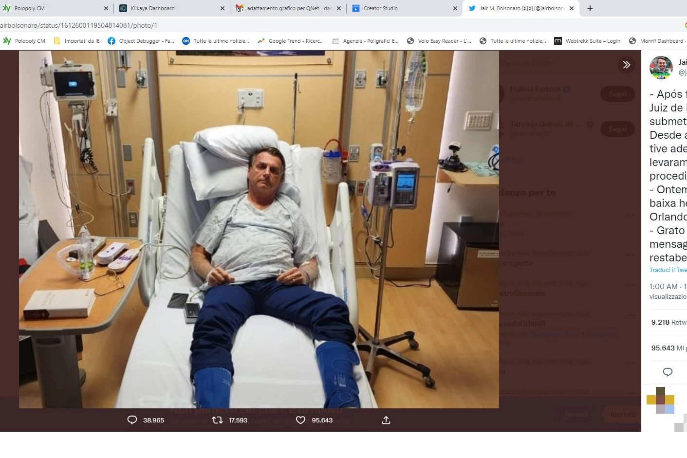Bolsonaro posta sui social la foto dall'ospedale in cui è ricoverato (Twitter)