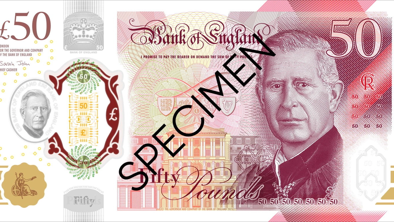 La banconota con re Carlo da 50 sterline (Ansa)