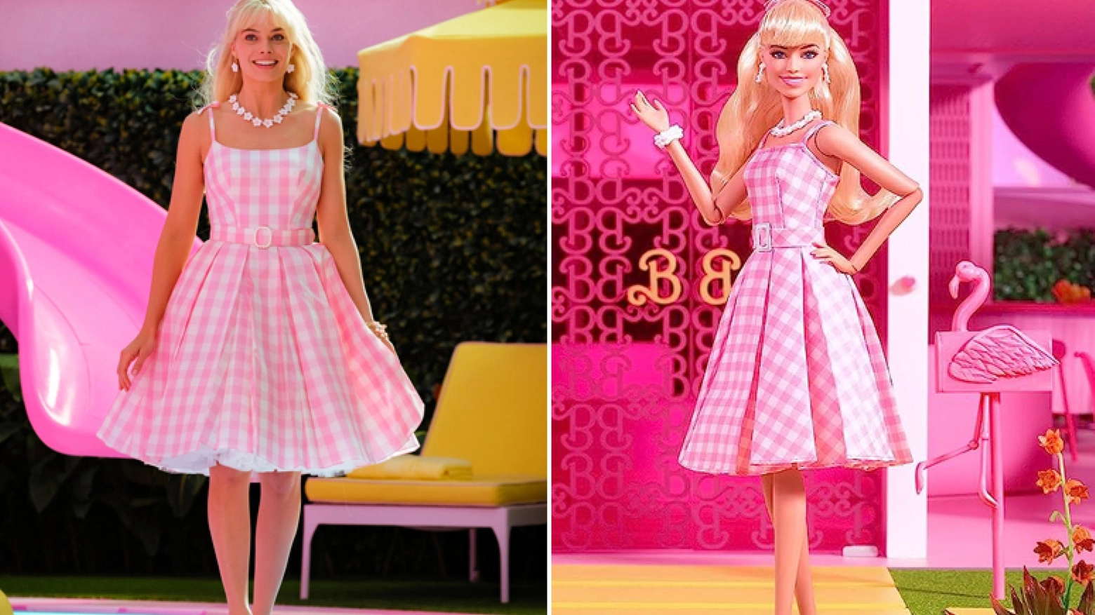 Margot Robbie nei panni di Barbie e una bambola a cui si ispira il film (Ansa)