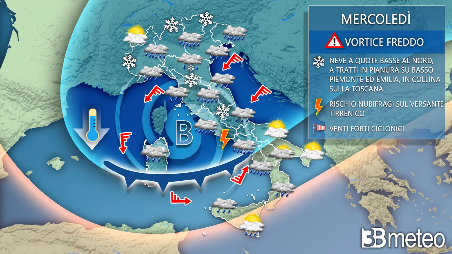 Le previsioni meteo per mercoledì 2 dicembre (3bmeteo)