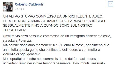 Migranti, il post di Calderoli su Facebook