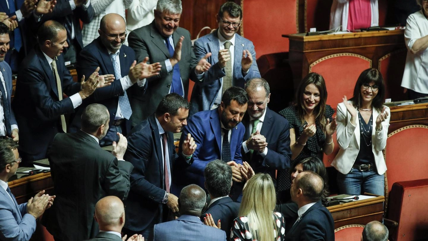 Il gruppo della Lega in Senato applaude Salvini (Ansa)