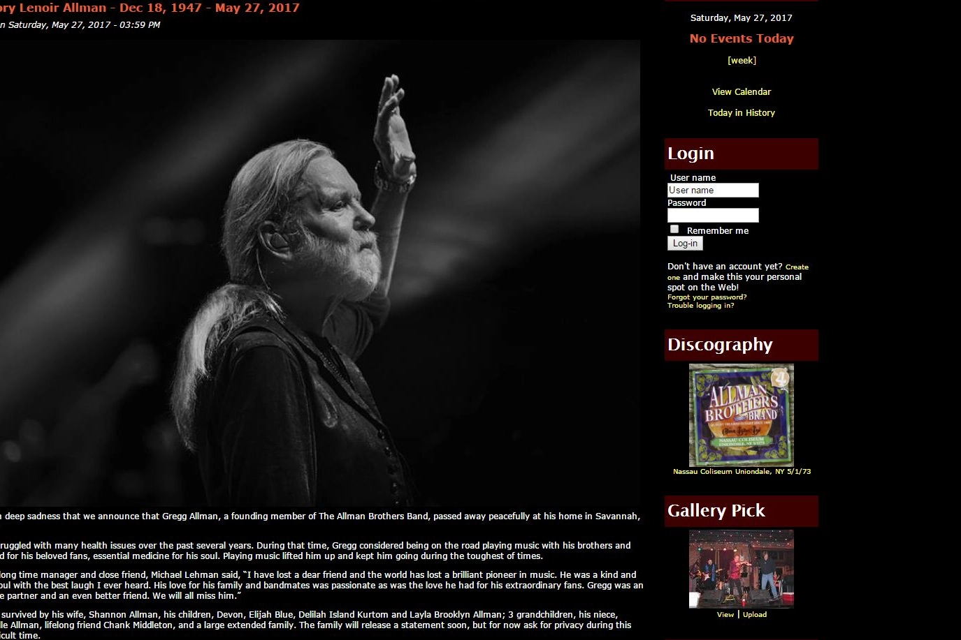 L'addio a Gregg Allman sul sito della band (da http://www.allmanbrothersband.com)