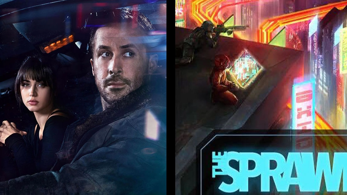 Un'immagine di Blade Runner 2049 e la copertina di The Sprawl