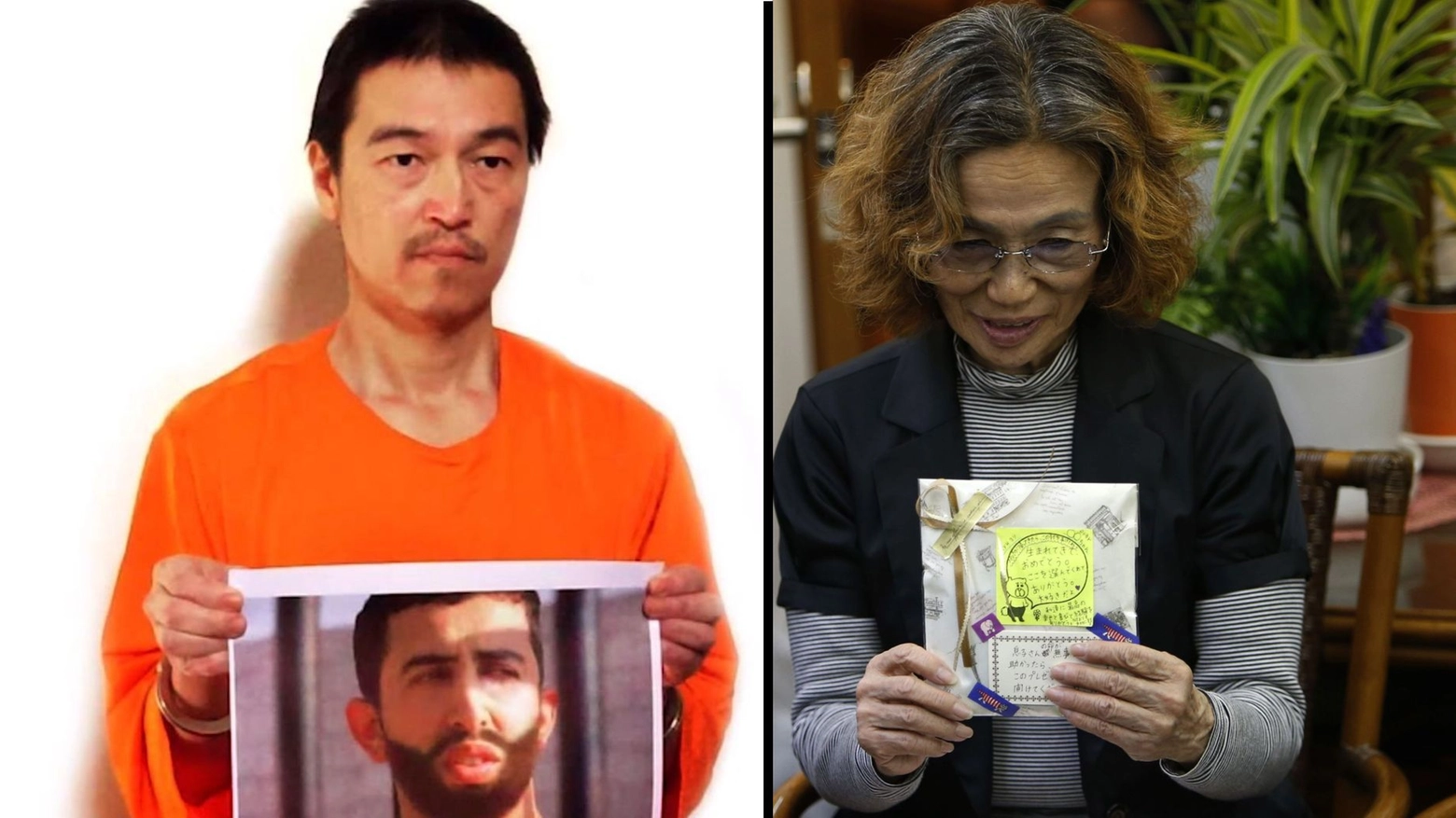 Il giornalista giapponese con la foto del pilota giordano e la madre del giornalista
