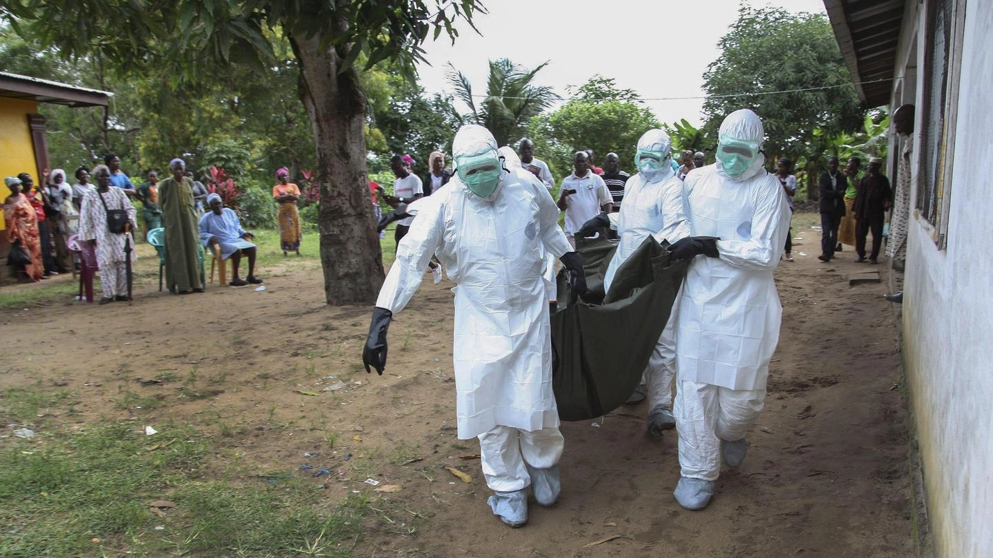 Infermieri portano via il corpo di una vittima di ebola a Monrovia, in Liberia (Ansa)