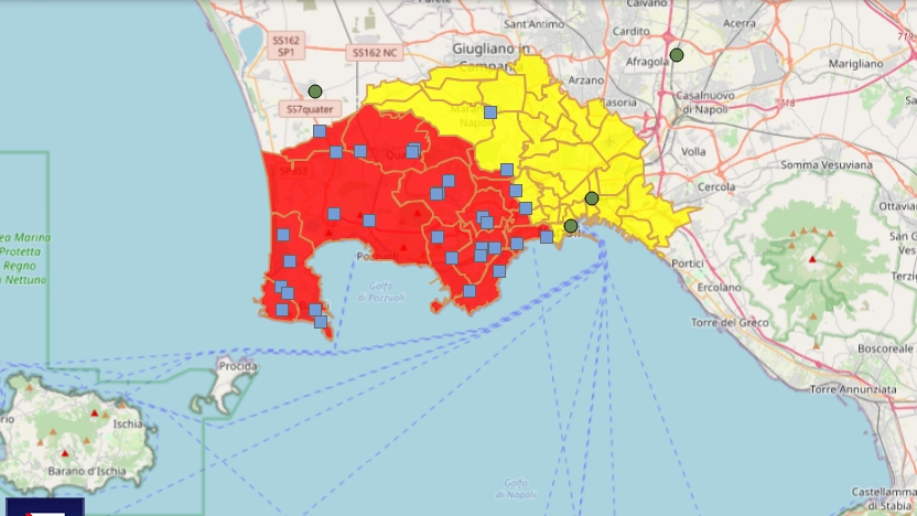 La mappa dei Campi Flegrei con le zone rossa e gialla del Piano nazionale di protezione civile