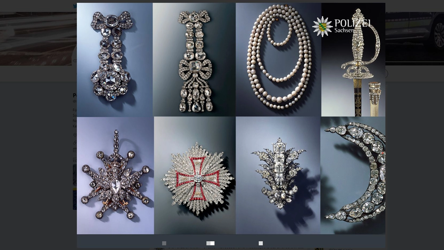 Alcuni dei gioielli rubati a Dresda nelle immagini diffuse dalla polizia su Twitter