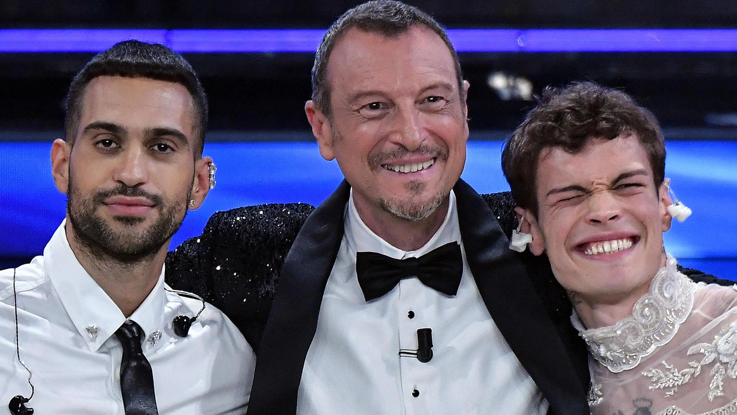 Sanremo, Blanco e Mahmood con Amadeus (Ansa)
