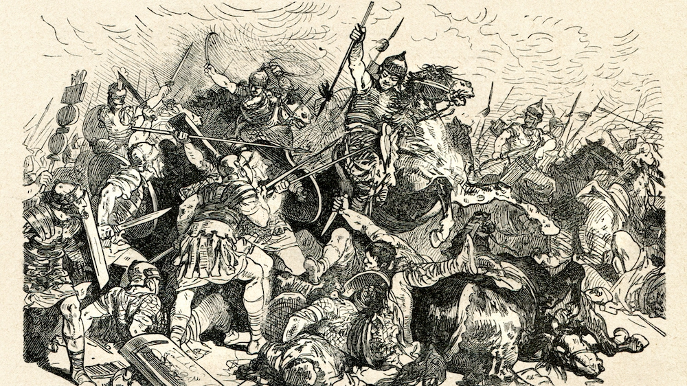 Illustrazione di una battaglia fra Unni e Impero romano