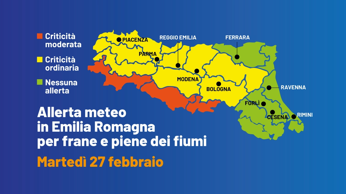 Allerta meteo in Emilia Romagna per martedì 27 febbraio: in alcune zone aumenta il rischio legato alle frane e le piene dei fiumi a causa delle precipitazioni abbondanti e diffuse