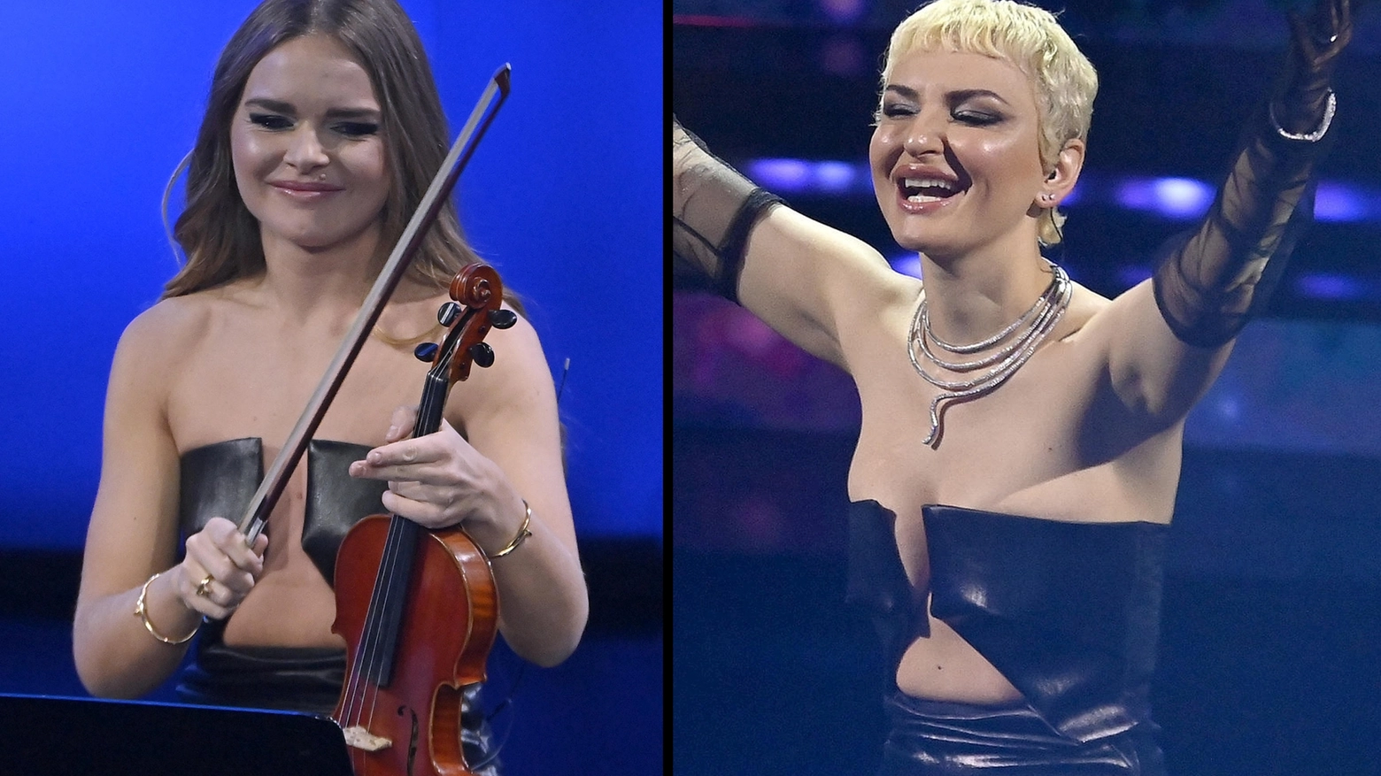 Sanremo 2023, Arisa e la violinista Laura Marzadori con lo stesso vestito