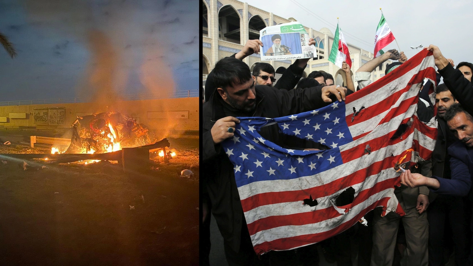 L'auto di Soleimani distrutta e la bandiera Usa fata alle fiamme a Teheran