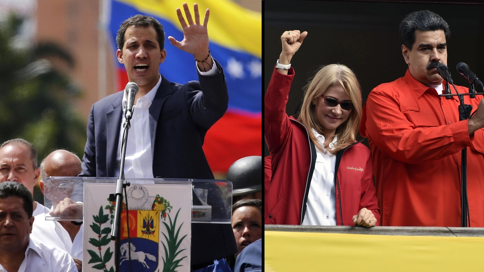 Combo: il leadeer dell'opposizione Guaido in piazza e Maduro al balcone del governo