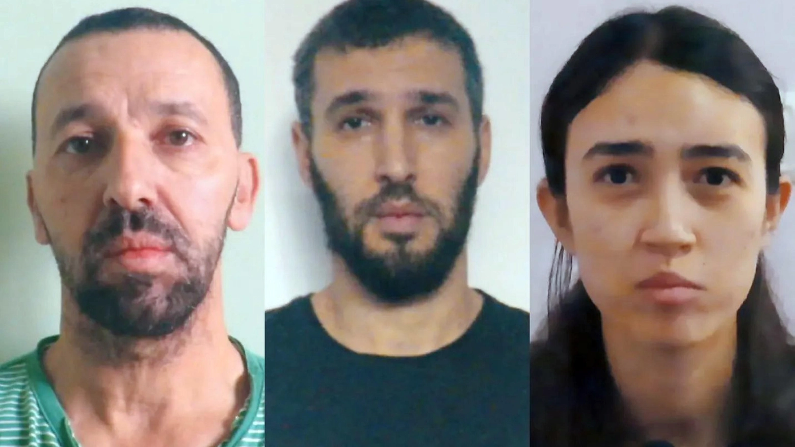 I volti dei tre ostaggi israeliani mostrati in un video da Hamas (Ansa)