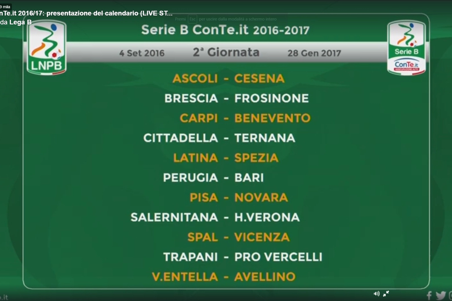 Seconda giornata Serie B 2016-17