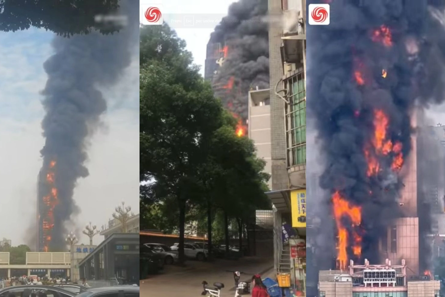 Grattacielo in fiamme a Changsha in Cina (fermo immagine da Feng News)