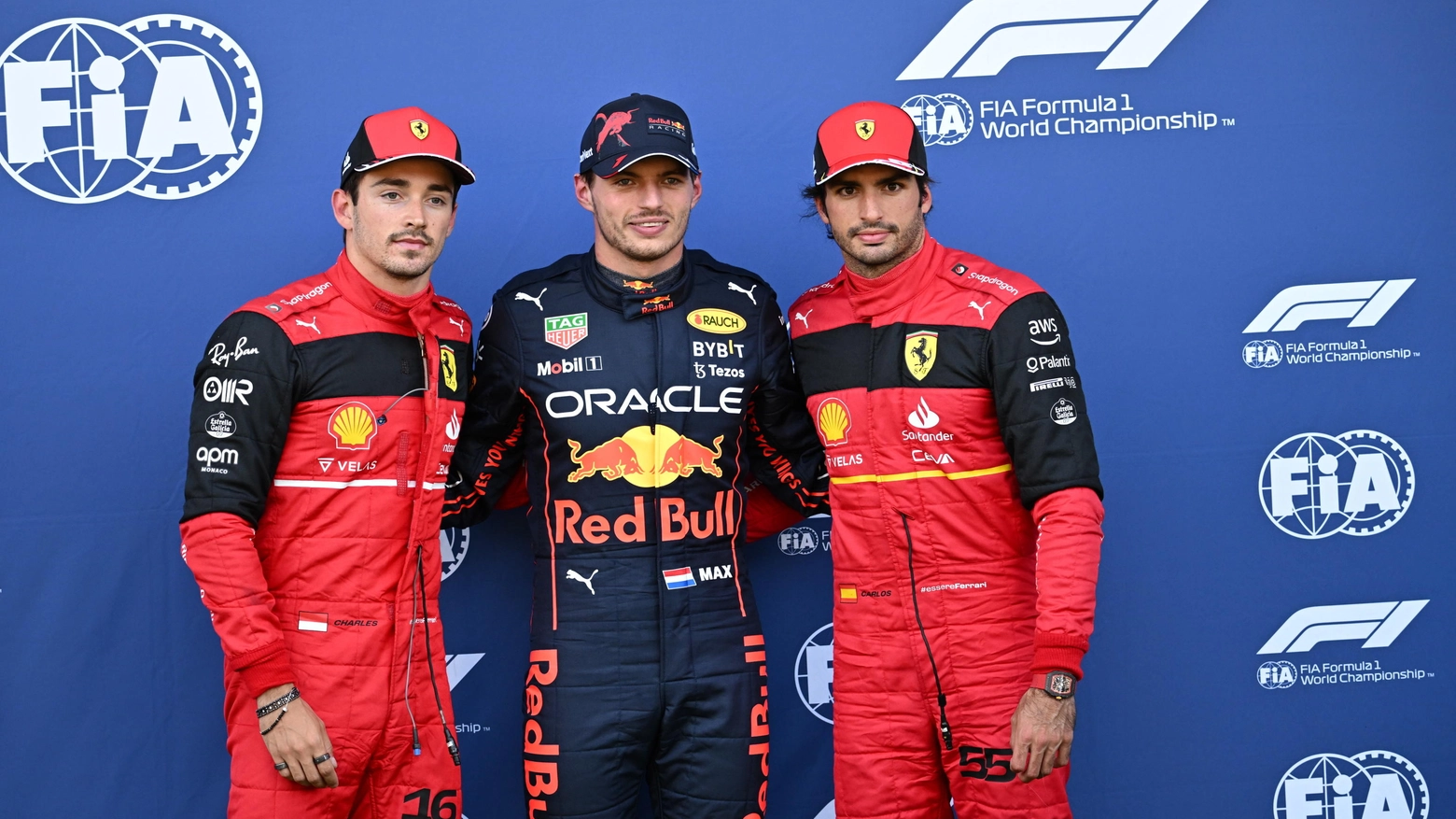 Charles Leclerc, Max Verstappen e Carlos Sainz (Ansa)