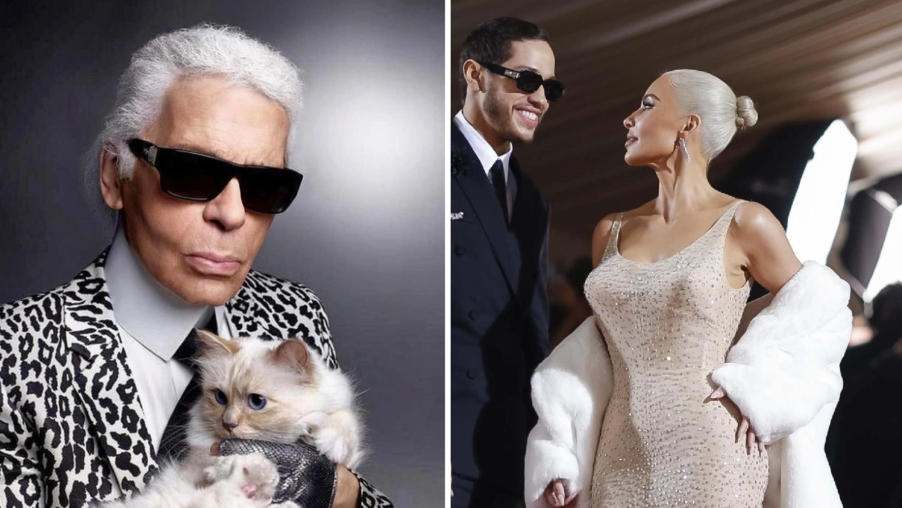 Karl Lagerfeld con la gatta Choupette, a destra Kim Kardashian al Met Gala 2022 (Instagram/Ansa)