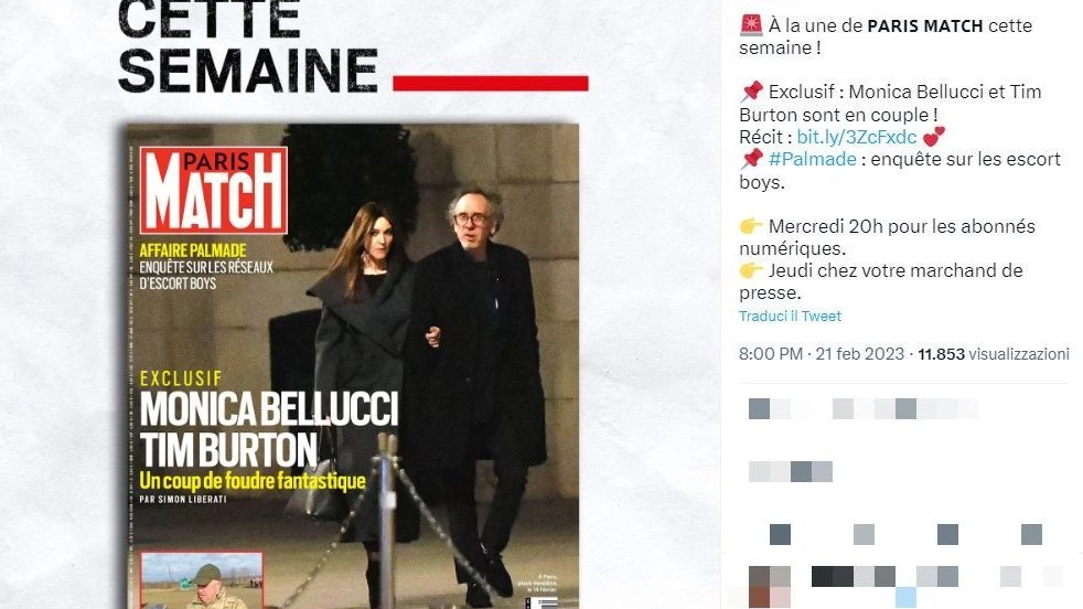 Monica Bellucci e Tim Burton insieme sulla copertina di Paris Match (Twitter)