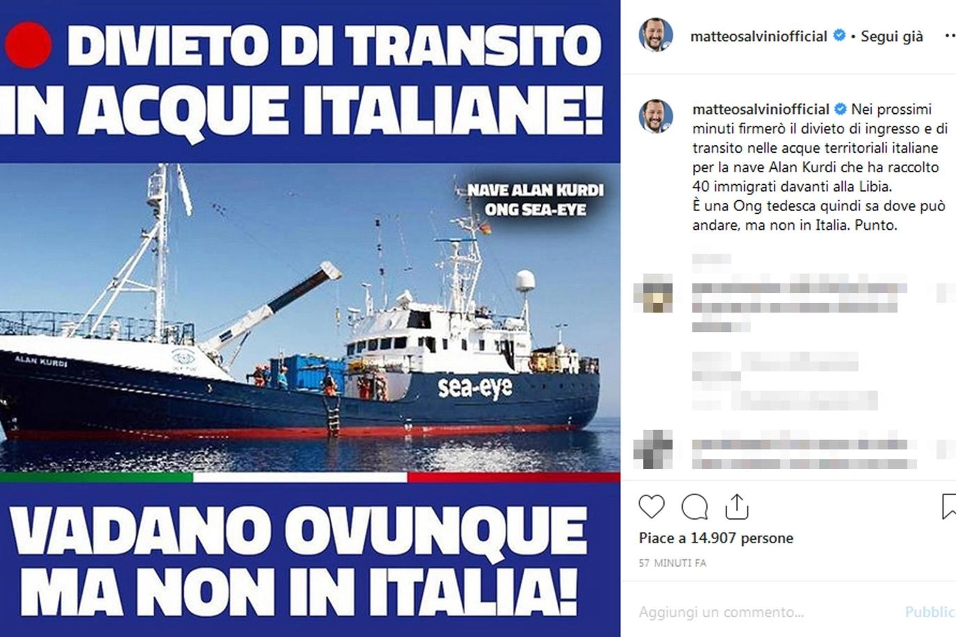 Il post su Facebook di Salvini sul divieto di ingresso della Alan Kurdi (Ansa)
