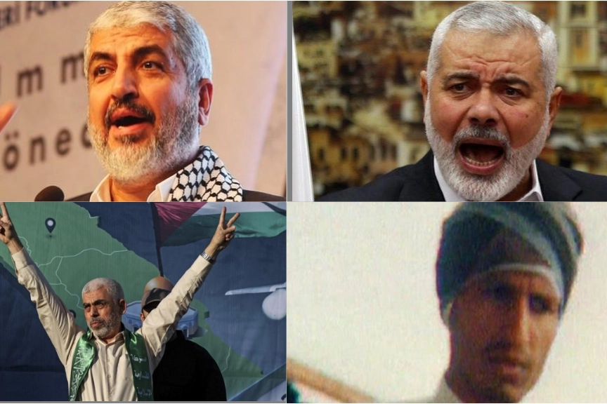 Dall'alto a sinistra in senso orario: Khaled Mesh' AL; Ismail Haniyeh; Mohammed Deif; Yahya Sinwar