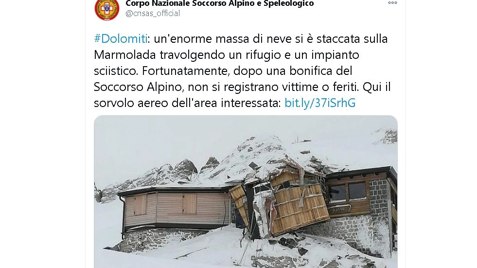 Valanga in Marmolada, travolto il rifugio di Pian dei Fiacconi - Twitter CNSAS
