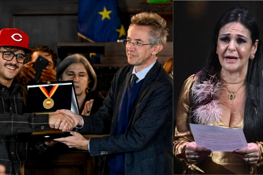La premiazione di Geolier del sindaco Manfredi. A destra, Daniela Di Maggio a Sanremo