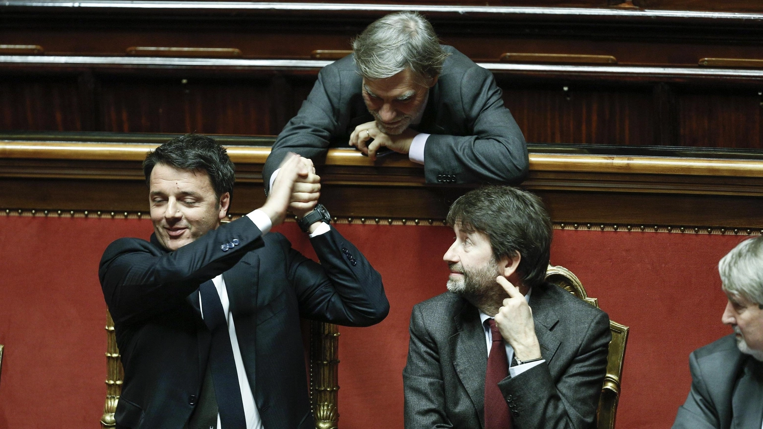 Matteo Renzi, Graziano Delrio e Dario Franceschini in Senato (Ansa)
