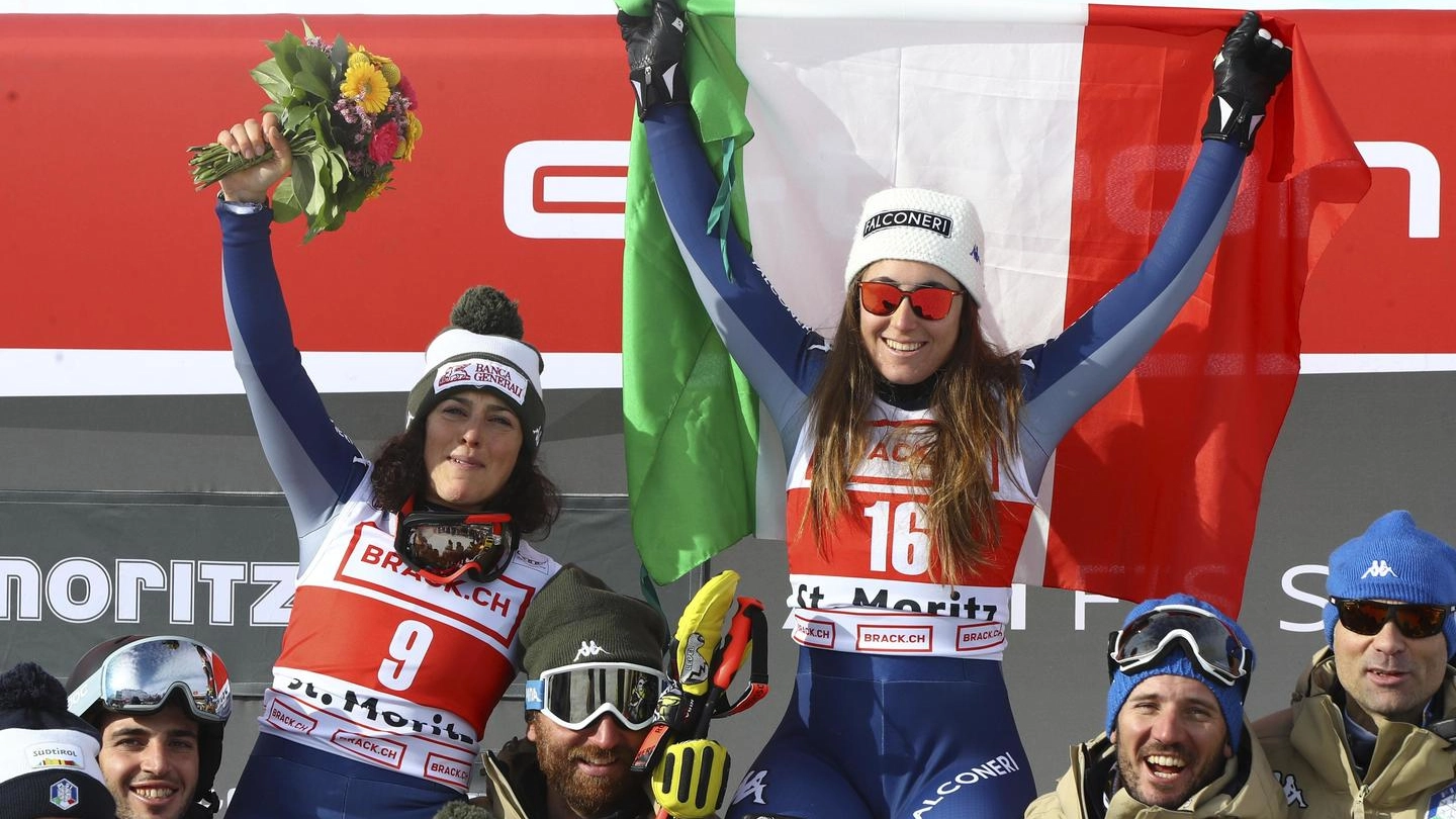 Federica Brignone e Sofia Goggia sul podio del superG di St Moritz (Ansa)