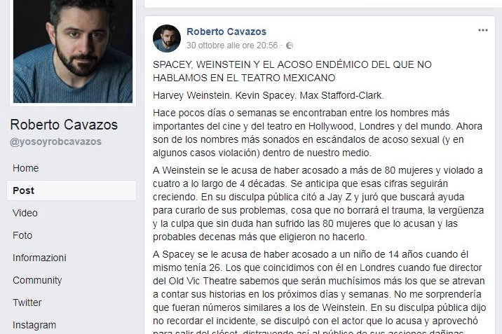 Il post denuncia di Roberto Cavazos su Facebook