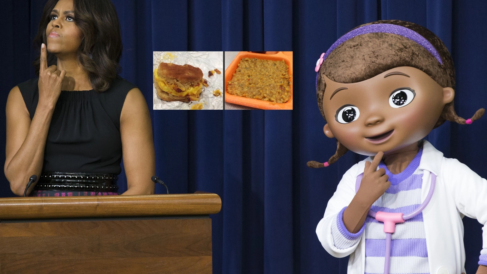 Michelle Obama, nel riquadro centrale il cibo delle mense scolastiche sul web (combo)