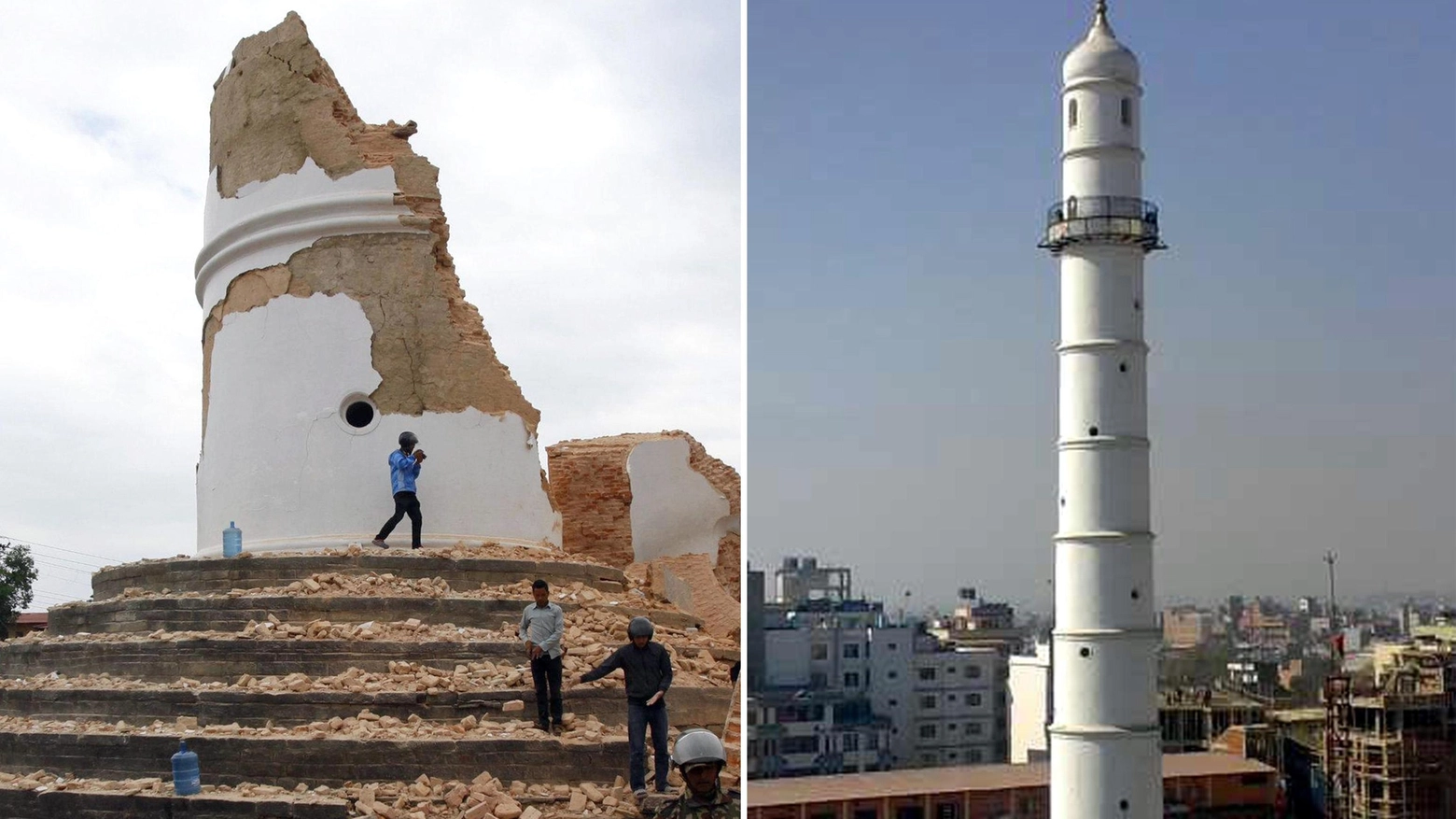 La torre Dharahara, prima e dopo il crollo (Ansa)