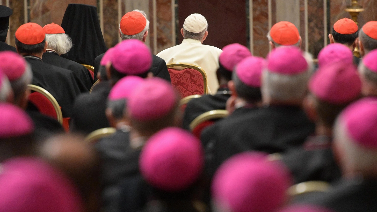 Papa Francesco con vescovi e cardinali (Ansa)