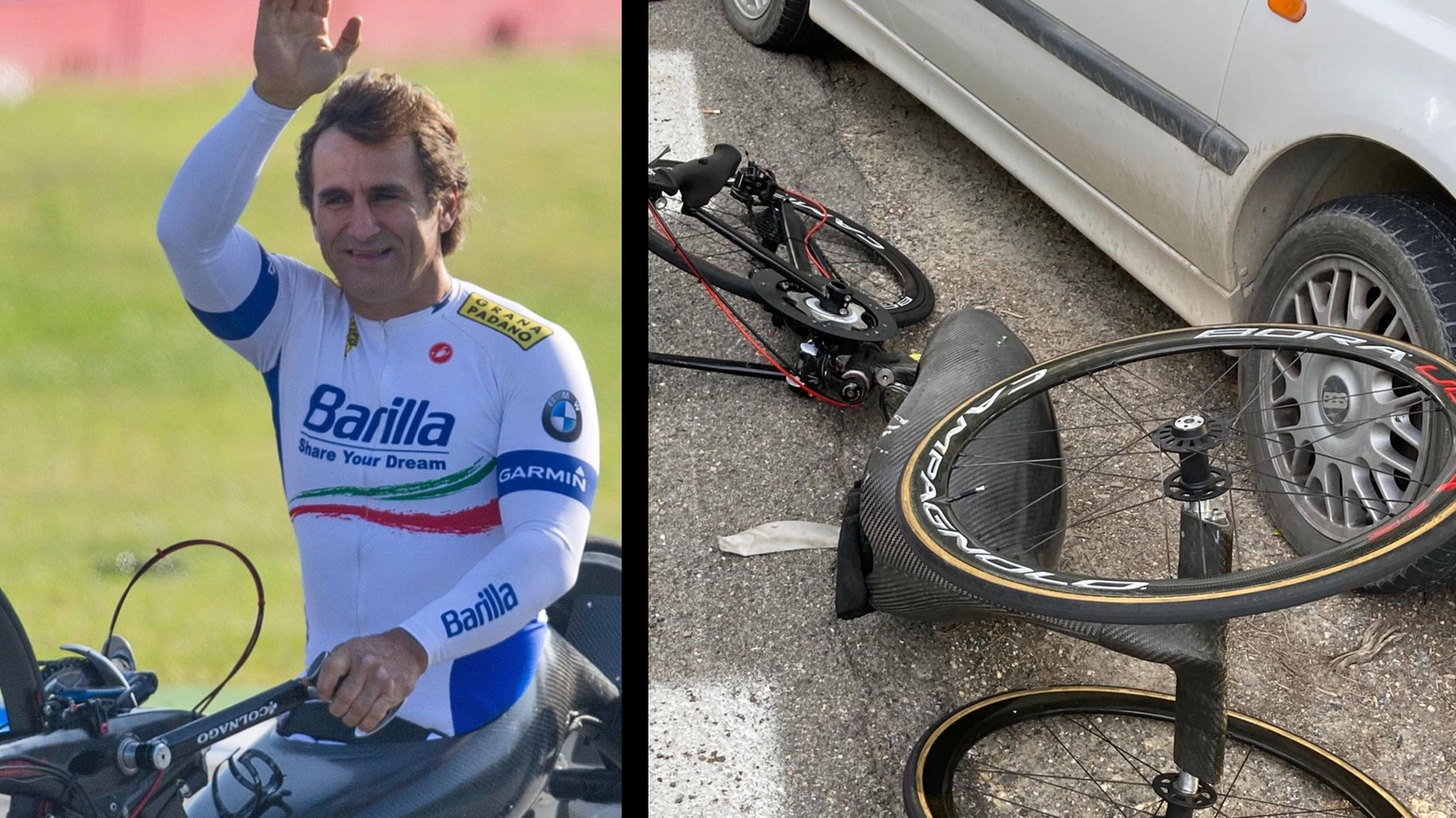 Alex Zanardi e la sua handbike dopo l'incidente (Ansa)